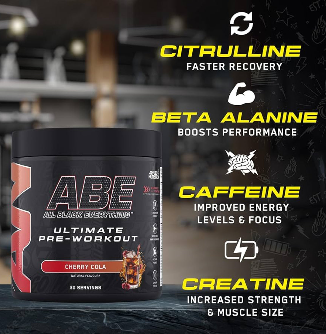 Applied Nutrition ABE Pre Workout - All Black Everything Pre Workout Powder, Energy & Physical Performance with Citrulline, Creatine, Beta Alanine (375g - 30 Servings)