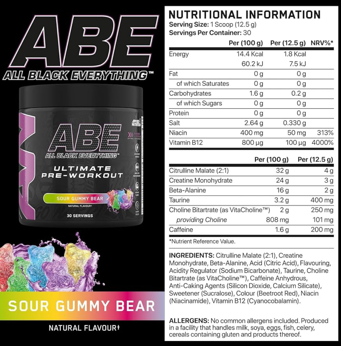 Applied Nutrition ABE Pre Workout - All Black Everything Pre Workout Powder, Energy & Physical Performance with Citrulline, Creatine, Beta Alanine (375g - 30 Servings)