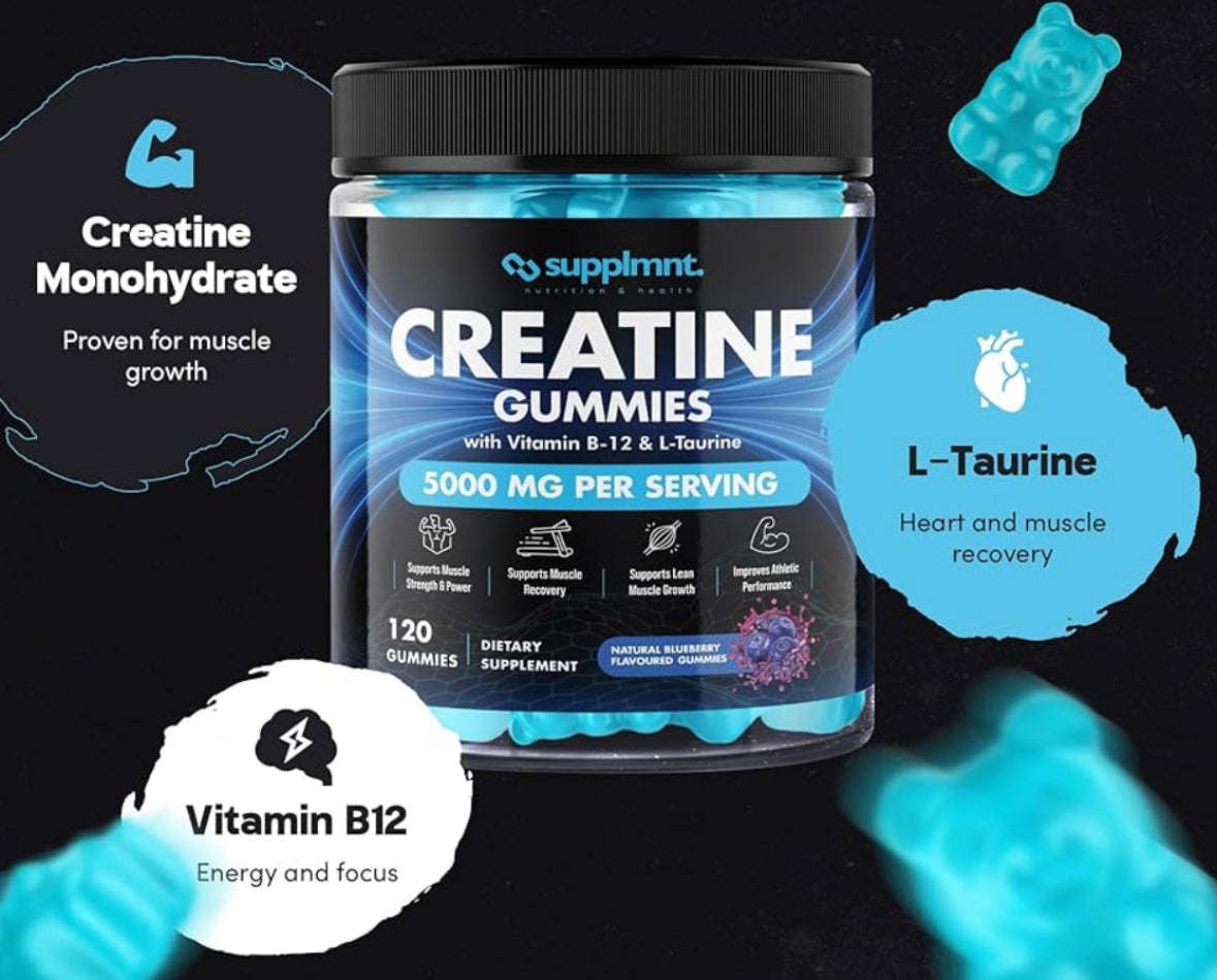 Creatine Gummies 5000mg 120ct Max Strength Muscle Growth/Recovery Supplements for Men & Women Creatine Monohydrate, B12 & L-Taurine Vegan Gym Pre Workout Chewable Gummies, 1 Month Supply