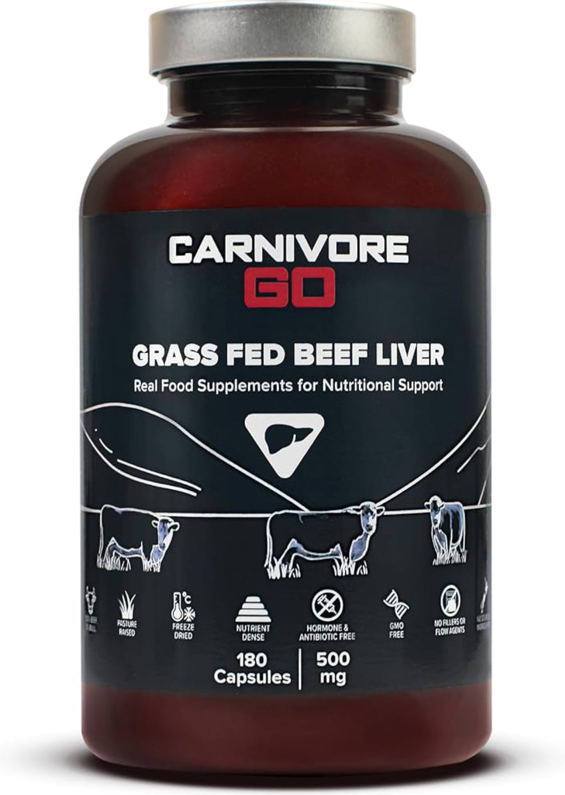 100% Grass Fed Beef Liver Capsules - for Energy, Immunity, Focus, Detoxification & Skin Health - 180, 500mg Desiccated Beef Liver Supplements - UK Made - No GMO, Hormones, Antibiotics