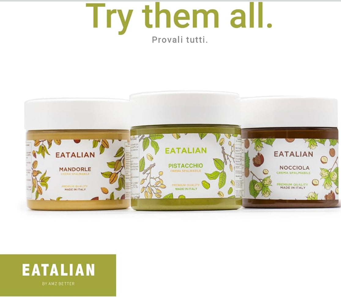 EATALIAN by AMZ BETTER Protein Pistachio Cream CRUNCHY 200 gr, Spreadable Cream with Pistachio Granules, Sweet Taste, Ideal on Bread, for Filling Desserts, Dubai Chocolate, Made in Italy